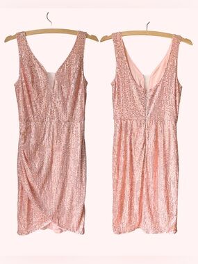 Grace Karin | Sequined Deep V-Neck Dress with Crossover High-Low Skirt Pink | S